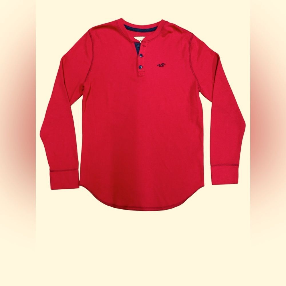 HOLLISTER Red Waffle Henley‎ Long Sleeve Shirt Large With Logo